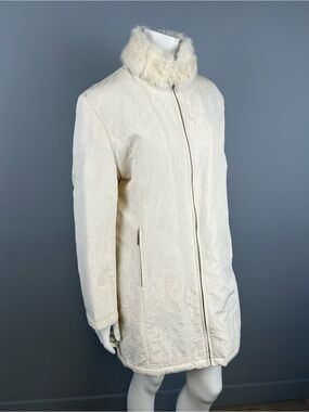 Vintage Mulberry Women's Cream Quilted Coat with Real Fur Collar
